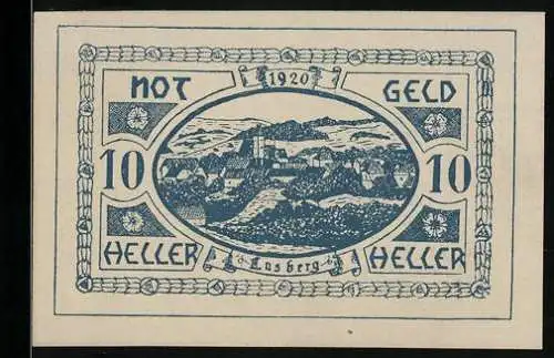 Notgeld Lasberg 1920, 10 Heller, Stadtansicht mit Landschaft