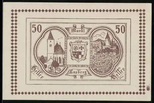 Notgeld Lasberg 1920, 50 Heller, Kirche und Burg mit Wappen im Zentrum