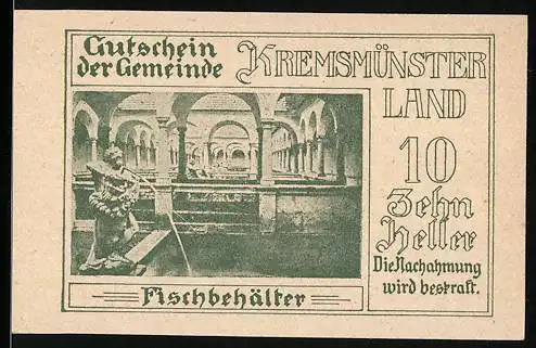 Notgeld Kremsmünster Land 1920, 10 Heller, Fischbehälter und Gebäudekomplex