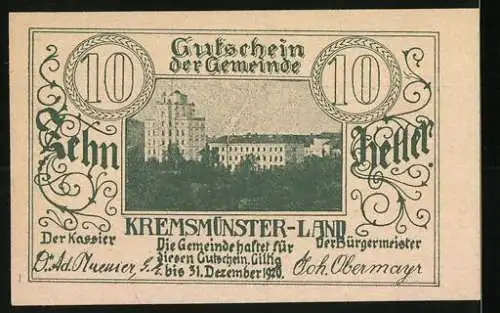 Notgeld Kremsmünster Land 1920, 10 Heller, Fischbehälter und Gebäudekomplex