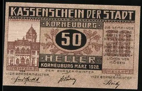 Notgeld Korneuburg 1920, 50 Heller, Rathaus und Text, Seriennummer Z. 8515