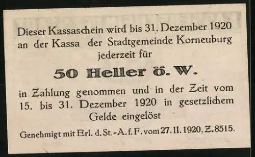 Notgeld Korneuburg 1920, 50 Heller, Rathaus und Text, Seriennummer Z. 8515