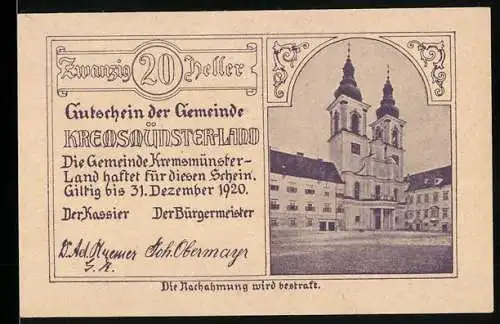 Notgeld Kremsmünster 1920, 20 Heller, Stiftskirche und Tassilobechern 777, verzierte Rankenmuster