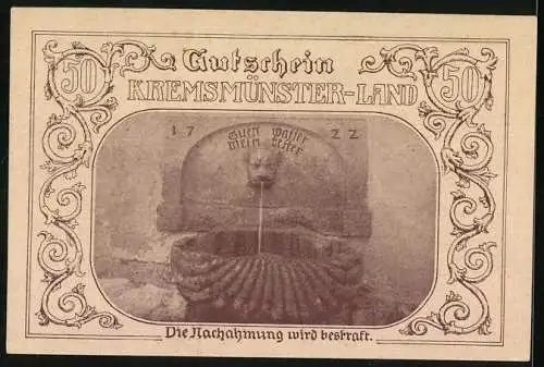 Notgeld Kremsmünster-Land 1920, 50 Heller, Eisentor und Brunnen mit Spruch Gott Vater mein Vater