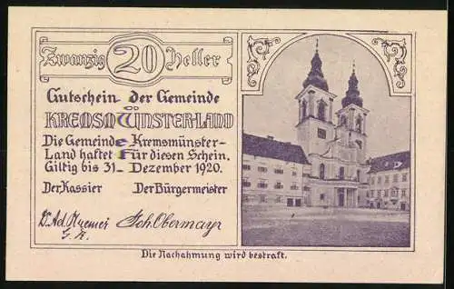 Notgeld Kremsmünster-Land 1920, 20 Heller, Tassilokelch und Klostergebäude