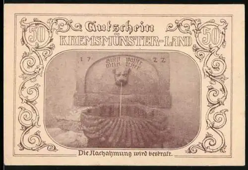 Notgeld Kremsmünster-Land 1920, 50 Heller, Brunnenmotiv und Eichtentor, dekorative Umrandung