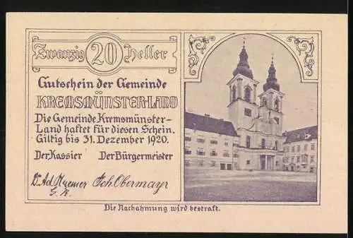 Notgeld Kremsmünster 1920, 20 Heller, Tassilobecher und Klosteransicht