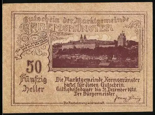 Notgeld Kremsmünster 1920, 50 Heller, Klosteransicht und Herzog Tassilo auf Jagd nach Wildschwein