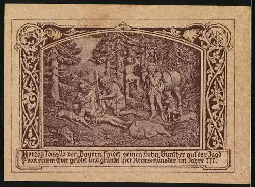 Notgeld Kremsmünster 1920, 50 Heller, Klosteransicht und Herzog Tassilo auf Jagd nach Wildschwein