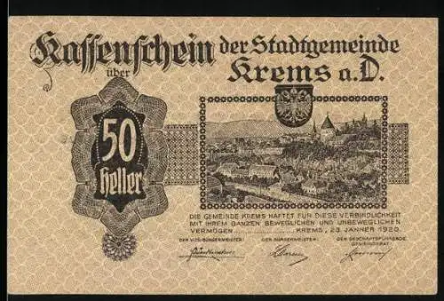 Notgeld Krems an der Donau 1920, 50 Heller, Stadtansicht und Zitat von Grillparzer