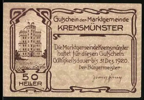 Notgeld Kremsmünster 1920, 50 Heller, Schloss und Schwein-Motiv, Gültigkeit bis 31. Dez. 1920