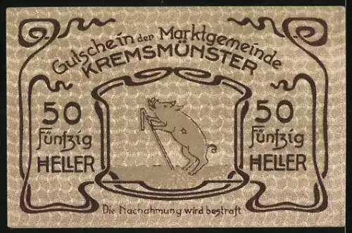 Notgeld Kremsmünster 1920, 50 Heller, Schloss und Schwein-Motiv, Gültigkeit bis 31. Dez. 1920