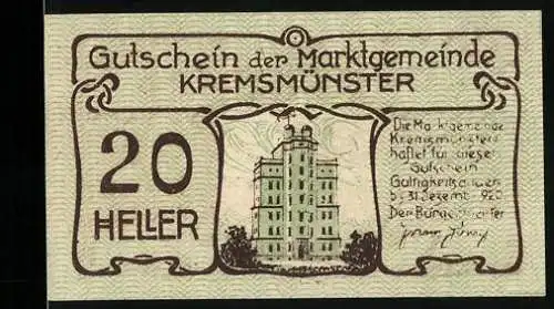 Notgeld Kremsmünster, 20 Heller, Gebäude und Schwein mit Schreibfeder