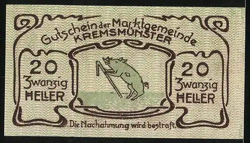 Notgeld Kremsmünster, 20 Heller, Gebäude und Schwein mit Schreibfeder