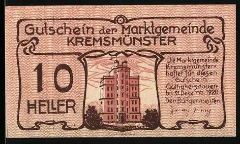 Notgeld Kremsmünster 1920, 10 Heller, Gebäude mit Schwein-Motiv