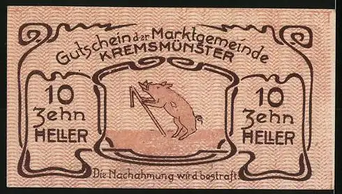 Notgeld Kremsmünster 1920, 10 Heller, Gebäude mit Schwein-Motiv