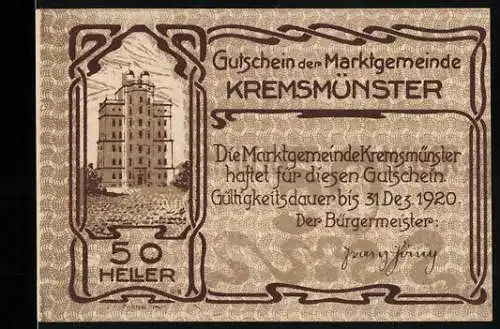 Notgeld Kremsmünster 1920, 50 Heller, Gebäude und stilisiertes Schwein mit Stab