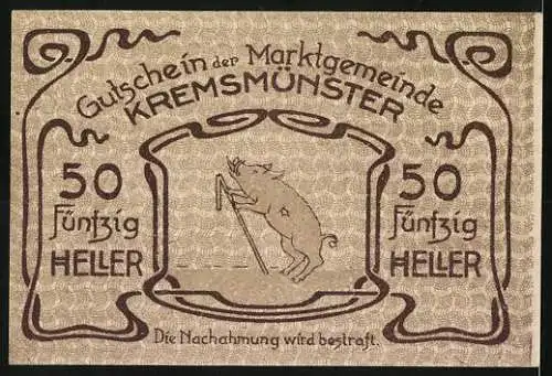 Notgeld Kremsmünster 1920, 50 Heller, Gebäude und stilisiertes Schwein mit Stab