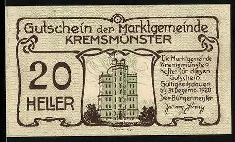 Notgeld Kremsmünster 1920, 20 Heller, Gebäude und Schwein-Motiv