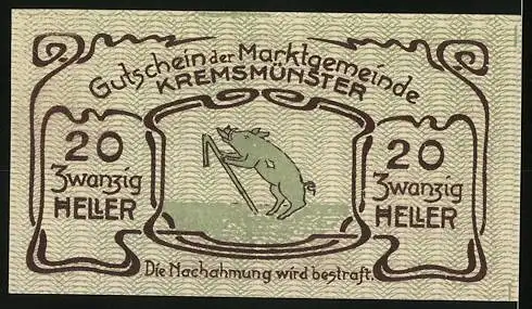 Notgeld Kremsmünster 1920, 20 Heller, Gebäude und Schwein-Motiv