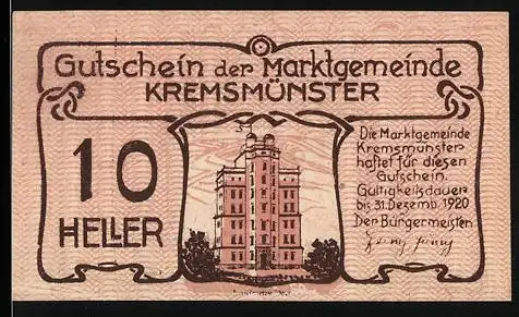 Notgeld Kremsmünster 1920, 10 Heller, markantes Gebäude und Schwein mit Schreibfeder