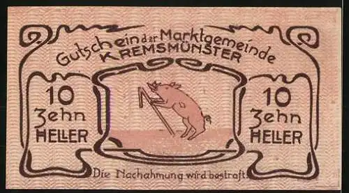 Notgeld Kremsmünster 1920, 10 Heller, markantes Gebäude und Schwein mit Schreibfeder