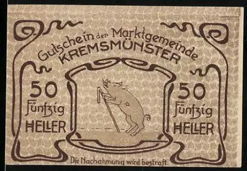 Notgeld Kremsmünster 1920, 50 Heller, springendes Schwein und Gebäudeansicht