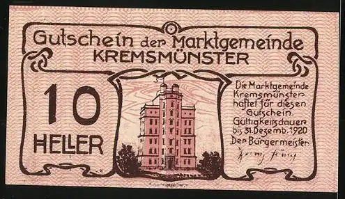 Notgeld Kremsmünster 1920, 10 Heller, Schwein mit Leiter und Gebäudeansicht