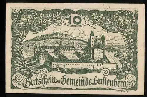 Notgeld Luftenberg 1920, 10 Heller, Burgruine und Landschaftsmotiv