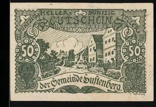 Notgeld Luftenberg 1920, 50 Heller, Dorfansicht und kalligraphischer Text