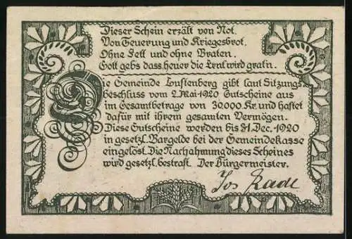 Notgeld Luftenberg 1920, 50 Heller, Dorfansicht und kalligraphischer Text