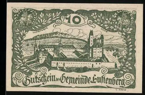 Notgeld Luftenberg 1920, 10 Heller, Burgruine und Landschaft mit Verzierungen