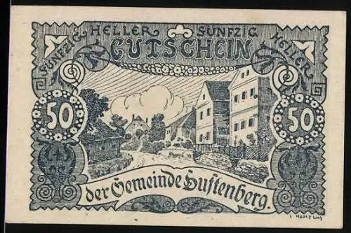 Notgeld Luftenberg 1920, 50 Heller, Dorflandschaft und verzierte Schriftzüge