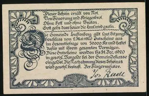 Notgeld Luftenberg 1920, 50 Heller, Dorflandschaft und verzierte Schriftzüge