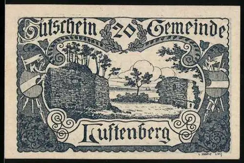 Notgeld Luftenberg 1920, 20 Heller, Burgruine-Landschaft mit dekorativen Ornamenten