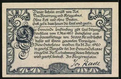 Notgeld Luftenberg 1920, 20 Heller, Burgruine-Landschaft mit dekorativen Ornamenten