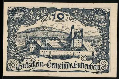 Notgeld Luftenberg 1920, 10, Burgansicht mit dekorativen Ranken und Inschrift