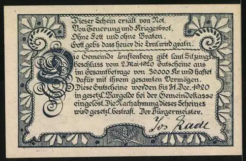 Notgeld Luftenberg 1920, 10, Burgansicht mit dekorativen Ranken und Inschrift