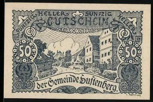 Notgeld Luftenberg 1920, 50 Heller, Dorfansicht mit Architektur und dekorativem Textmotiv