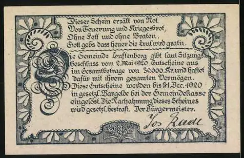 Notgeld Luftenberg 1920, 50 Heller, Dorfansicht mit Architektur und dekorativem Textmotiv