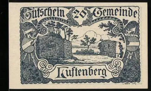 Notgeld Luftenberg 1920, 20 Kronen, Burgruine und dekorative Schriftzüge