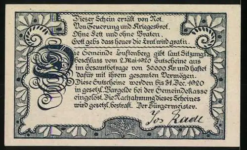 Notgeld Luftenberg 1920, 20 Kronen, Burgruine und dekorative Schriftzüge