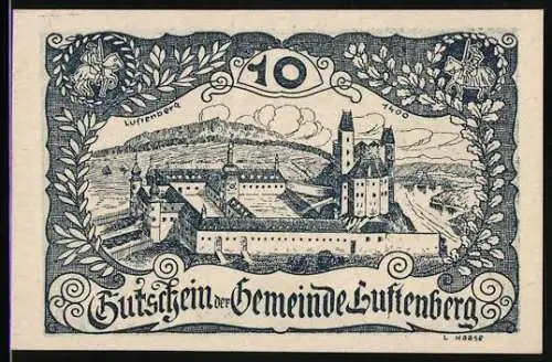 Notgeld Luftenberg 1920, 10, Burgruine Luftenberg und Wappen, kunstvoller Textumrahmung