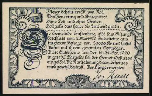 Notgeld Luftenberg 1920, 10, Burgruine Luftenberg und Wappen, kunstvoller Textumrahmung