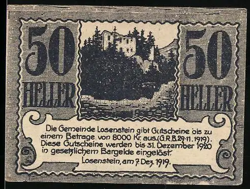 Notgeld Losenstein 1919, 50 Heller, Schlossansicht, Gültig bis 1920