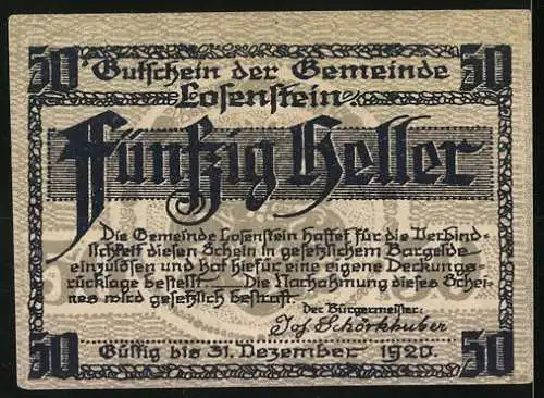 Notgeld Losenstein 1919, 50 Heller, Schlossansicht, Gültig bis 1920