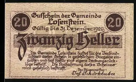 Notgeld Losenstein 1920, 20 Heller, Kirche und Schriftzug, gültig bis Dezember 1920