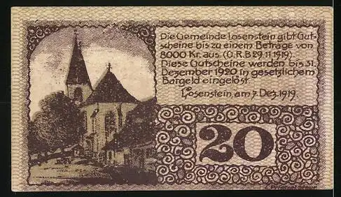 Notgeld Losenstein 1920, 20 Heller, Kirche und Schriftzug, gültig bis Dezember 1920