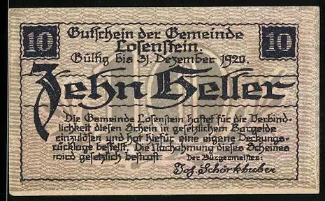 Notgeld Losenstein 1920, 10 Heller, Kirche und Gebäude, Seriennummer und Text