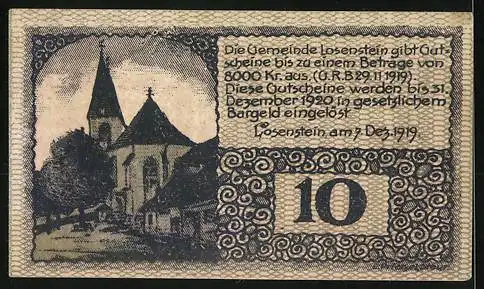 Notgeld Losenstein 1920, 10 Heller, Kirche und Gebäude, Seriennummer und Text